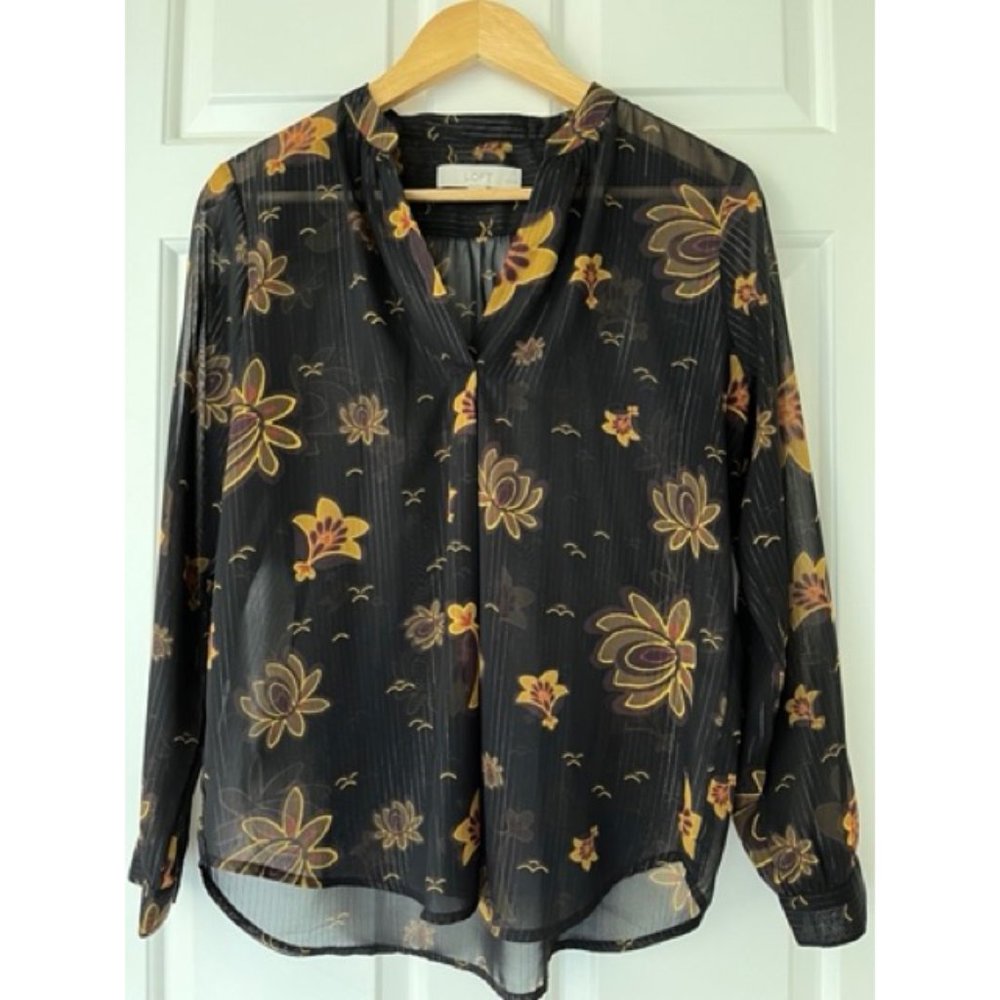 LOFT Sheer Black Floral Blouse with Gold Detail Size SP